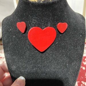 Painted Wood Heart Shaped Brooch and Pierced Earrings Set